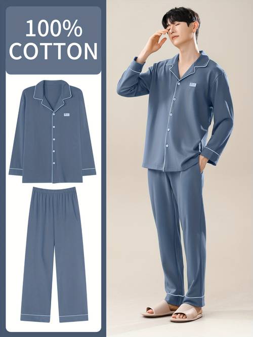 cotton mens long sleeve long pants pajama set spring summer 2026 new style mens lapel cardigan outdoors trendy loungewear set youth underwear set