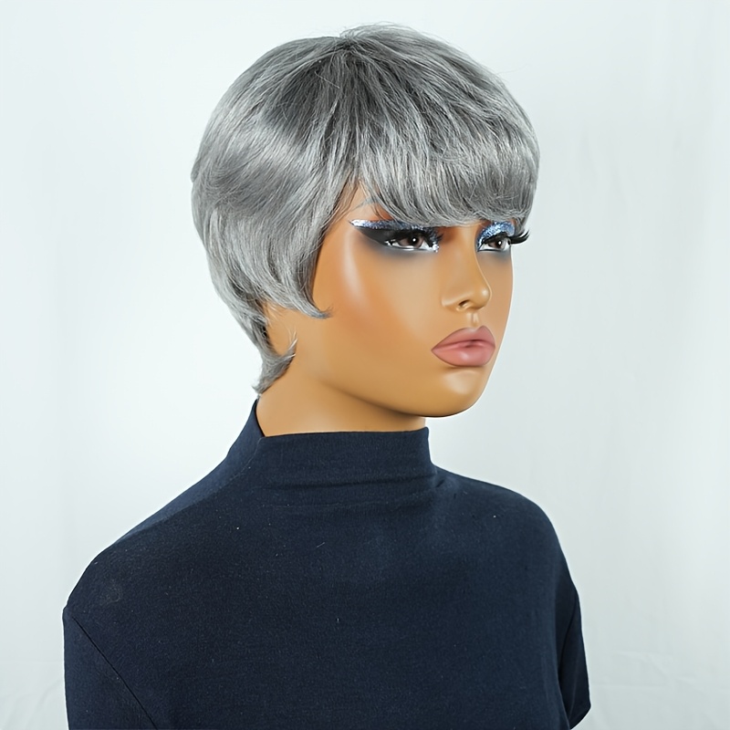 Image of Brazilian Human Hair Wig Suitable For Women - Glueless Short Straight Layered Hairpiece With 150% Density, Grey Color Hairpiece For Daily Wear & Parties, Elastic For (no Glue Application)