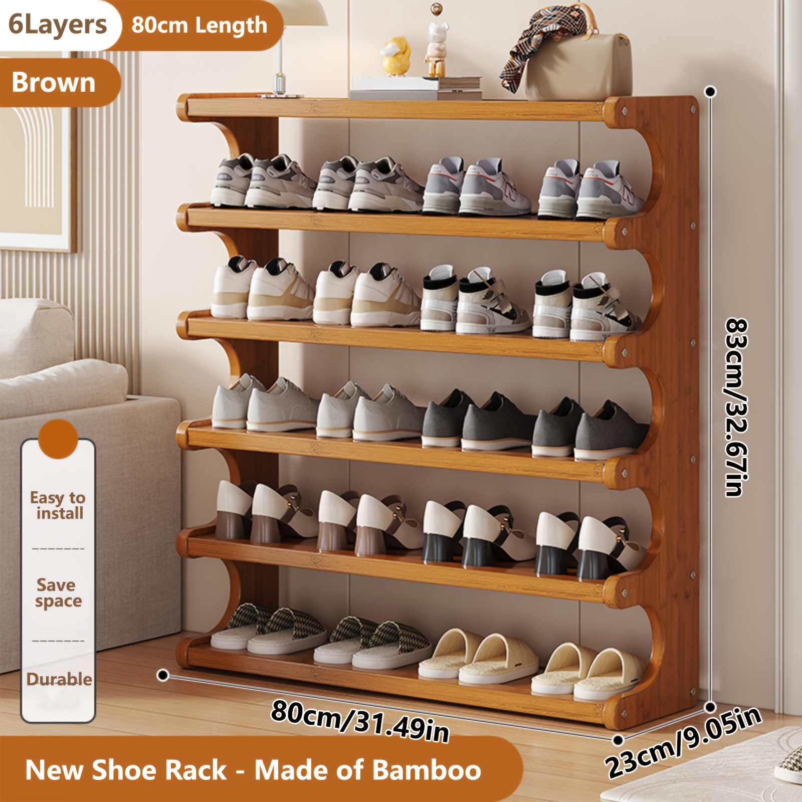 TEMU 1pc Bamboo Shoe Rack | Wood Grain Decoration Shoe Storage Organizers, 3/5/6 Layers Storage Rack, Easy To Assemble, Space Saving | Shoe Shelf For