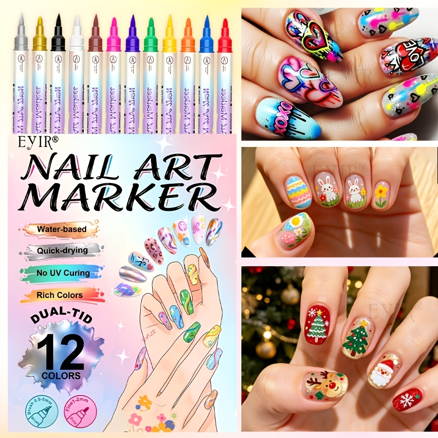 12-Color Metallic Nail Art Brush Set with Dual-Tip Design