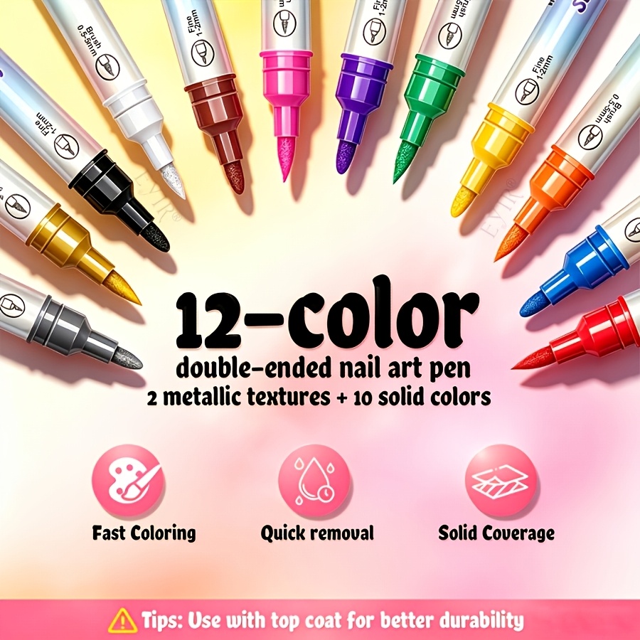 12-Color Metallic Nail Art Brush Set with Dual-Tip Design