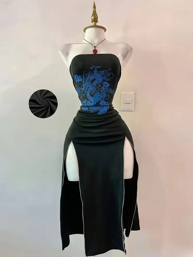blue dragon print dress Blue Dragon Qipao / Cheongsam Dress with Train Back