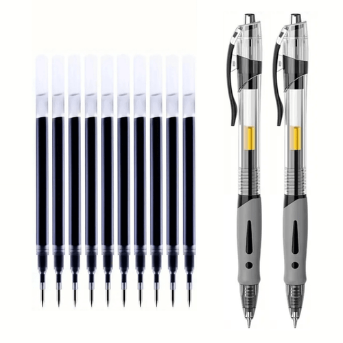 12pcs(2 Pens+10 Refills) High-capacity Gel Ink Pen Set, 0.5mm Fine Point, Black Ink, . Ballpoint Pens with a Comfortable Grip, Quick-drying, and Smooth Writing. Ideal for Note-taking and Writing, Office and School Supplies. An