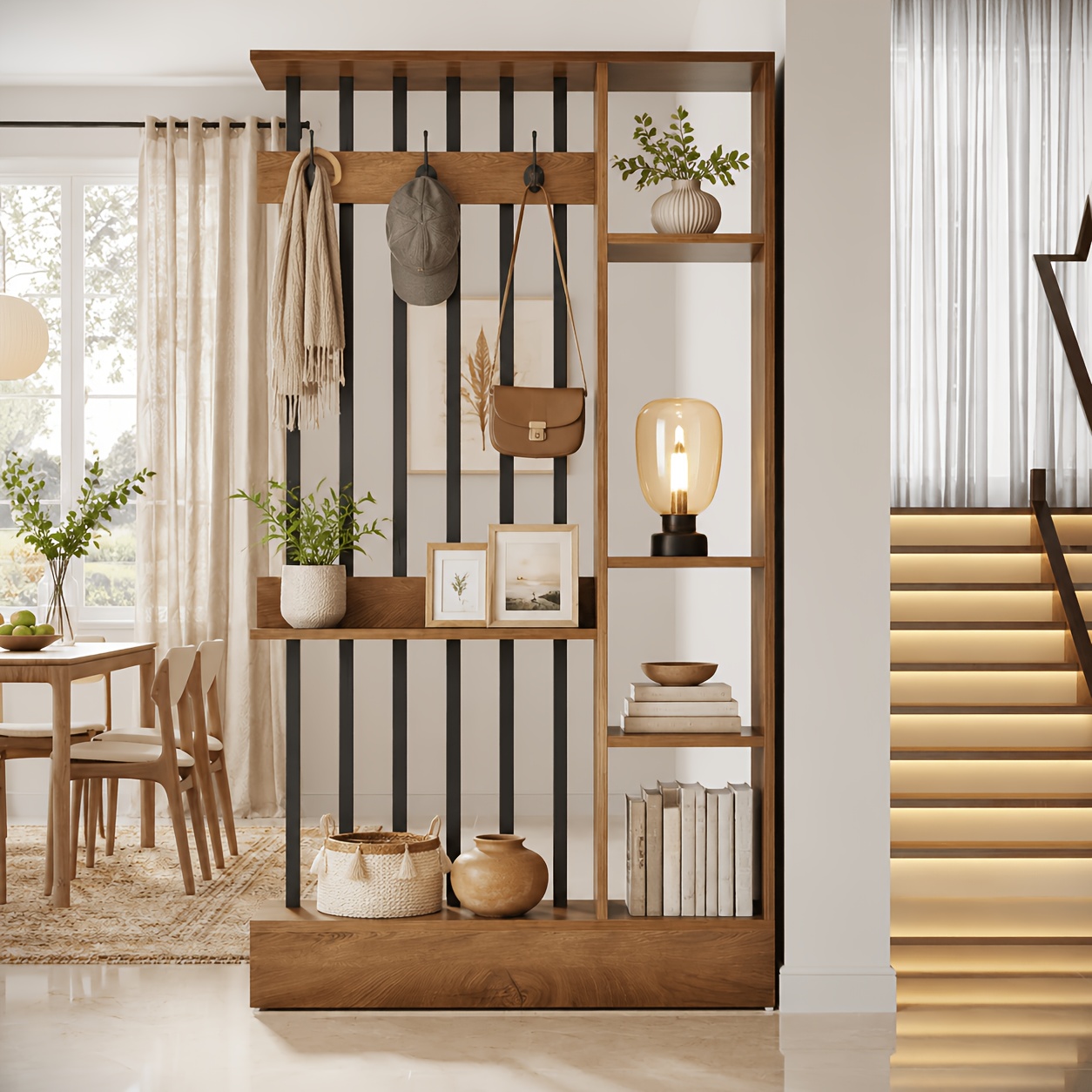 TEMU 71 Inch Brown Wooden Freestanding Room Divider, Multi-functional Partition Screen With Storage Shelves And Coat Rack For Home Office Use