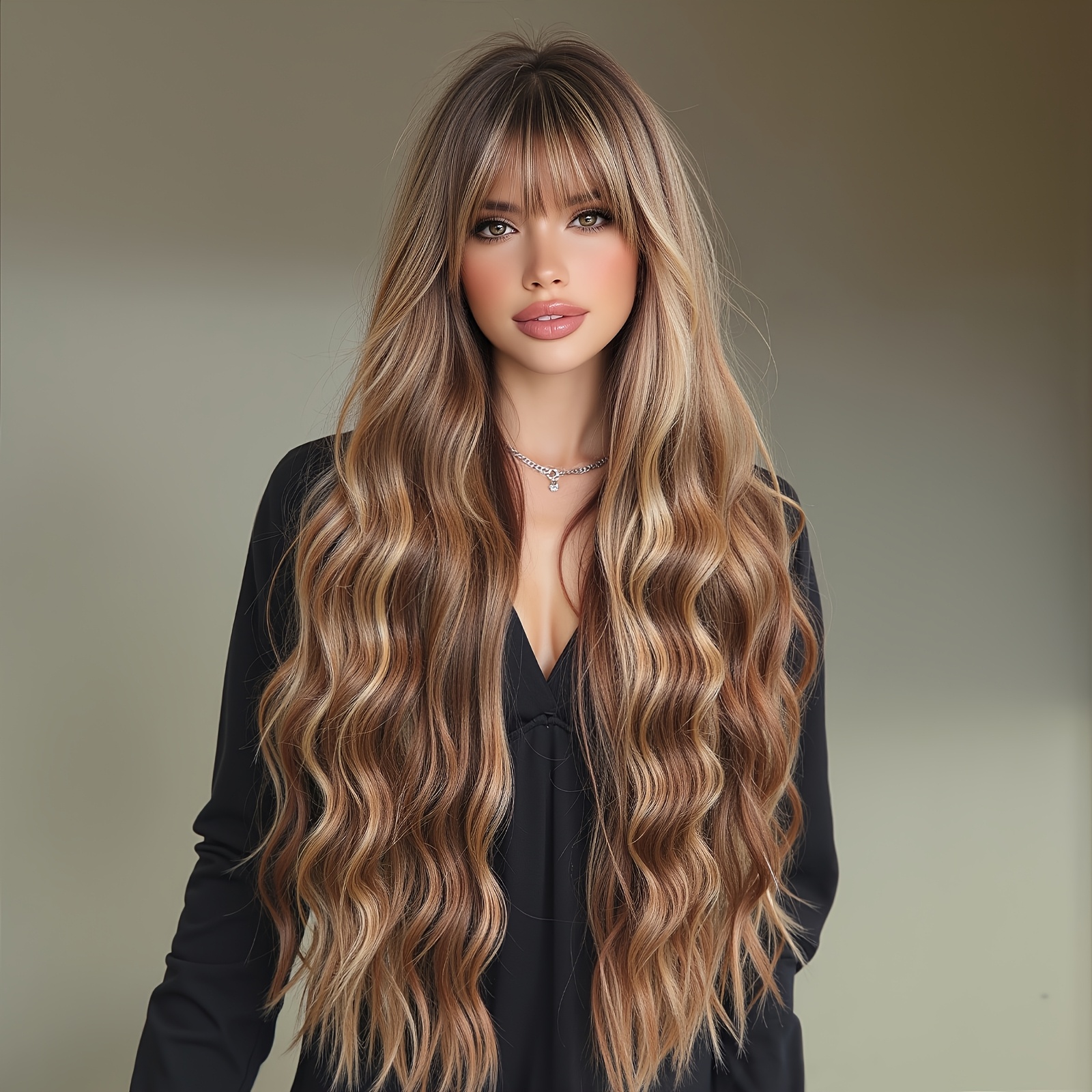 Image of Stylish 30-inch Long Brown Curly Wig Featuring Bangs, Made From Soft Synthetic Fibers, With A Cap And Density - Ideal For Everyday Use And Cosplay