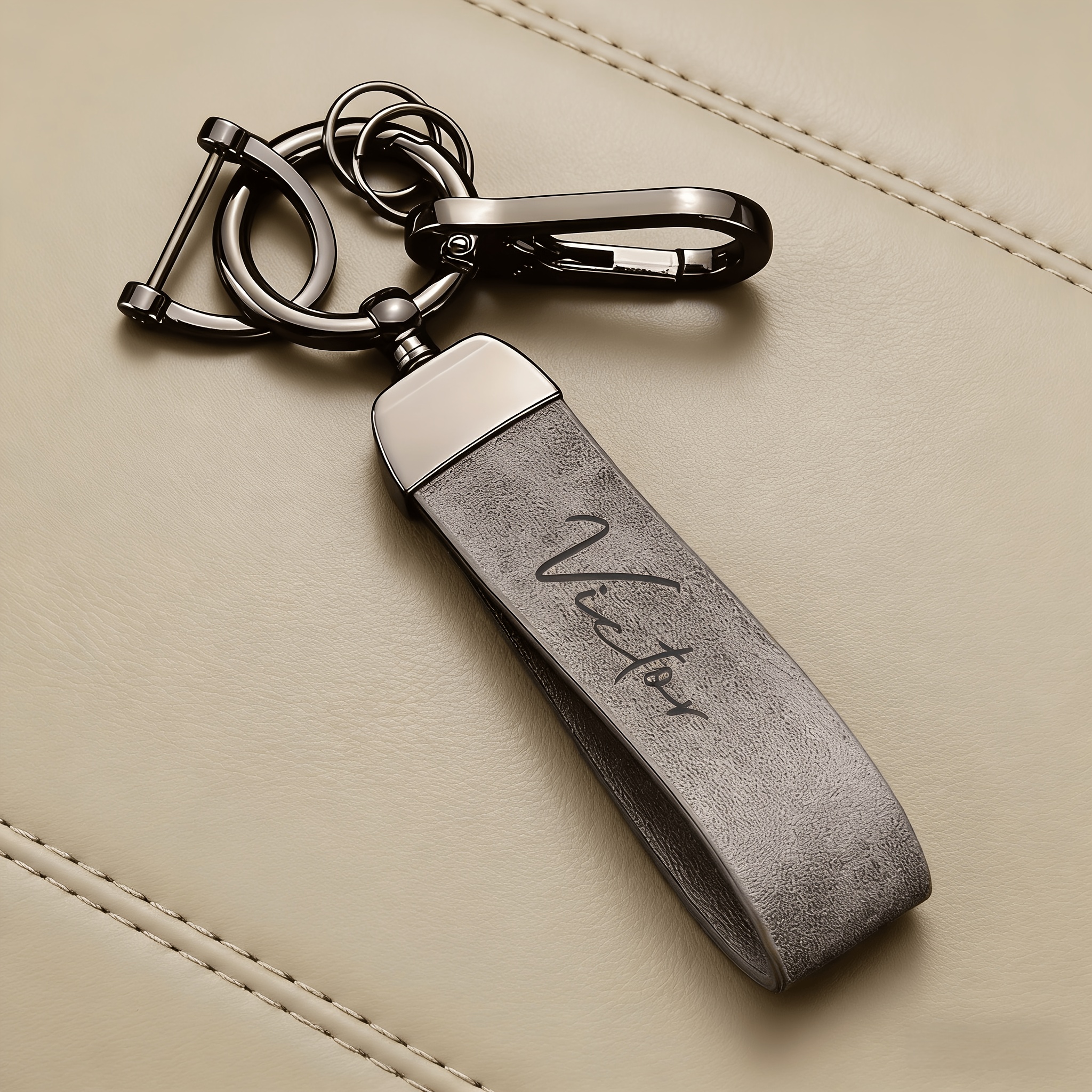Image of Personalized Laser-engravable Keychain Compatible For - Name/text/ Pu Leather & Alloy Key Tag, Diy Laser Etching Service, Ideal Gift For Father's Day, Valentine's, Christmas - Vehicle Accessory
