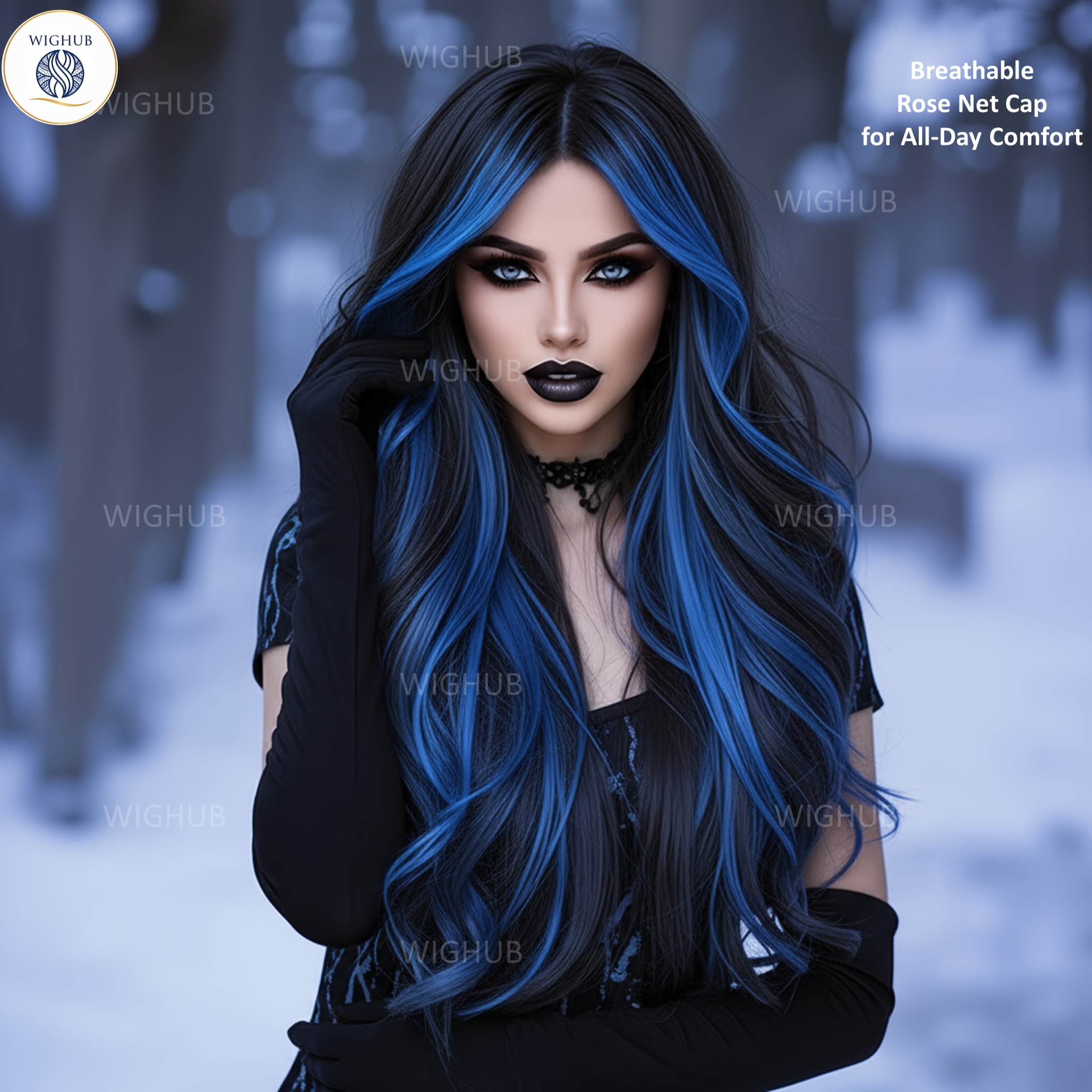 TEMU 26” Long Wavy Synthetic Wig Suitable For Women With & Black/blue Highlights - Body Hairpiece For , Casual Attire, Suitable For , & Root Coverage
