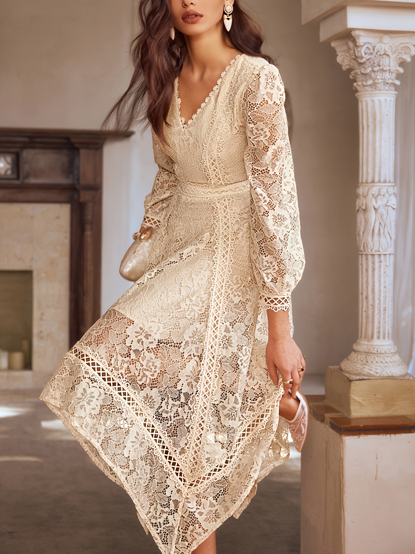elegant v neck long sleeve lace dress Classy Long Sleeves V-neck Satin Wedding Dresses with Lace main image 0