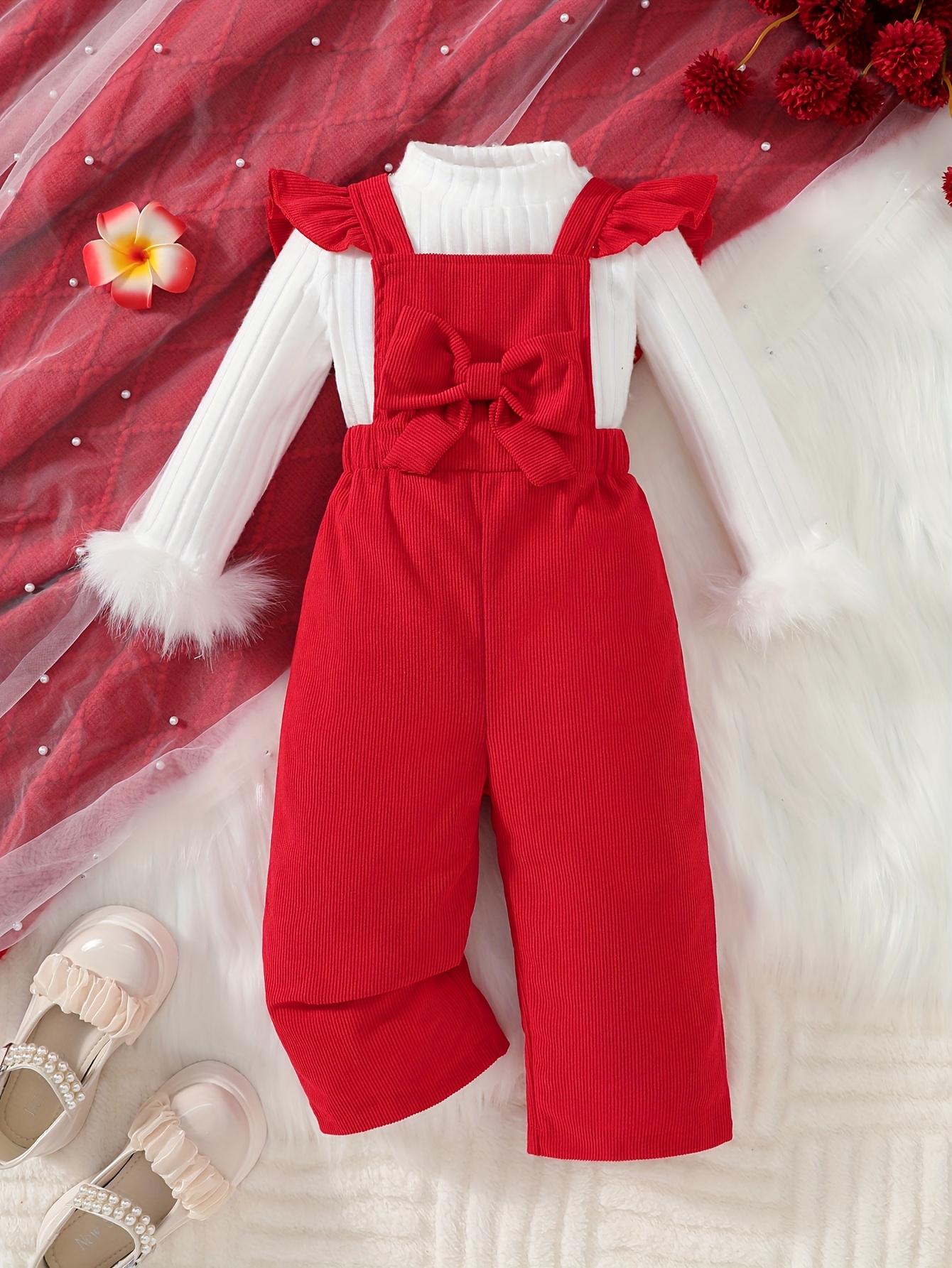 2pcs girls pants set   plush cuff top bow overalls girls daily wear   outdoor Product details 18