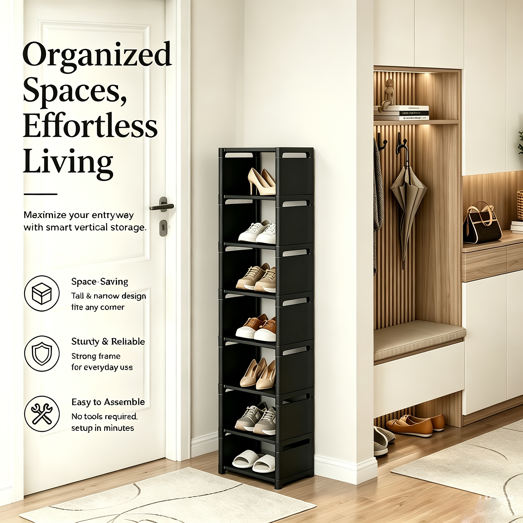 1pc, Single Row Black Shoe Rack, Vertical Multi-functional Storage Organizer, Space- Stable Shoe Stand For Entryway, Hallway, Living Room, Bedroom, Kitchen, Bathroom