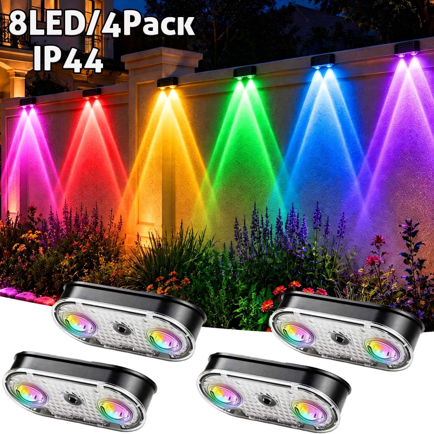 TEMU 8/4 Led Solar Fence Lights, 4/2pack Outdoor Garden Wall Lights, 11 Lighting Modes, Outdoor Ip44 Rgb Landscape Spotlights, Automatic Dusk-to-dawn