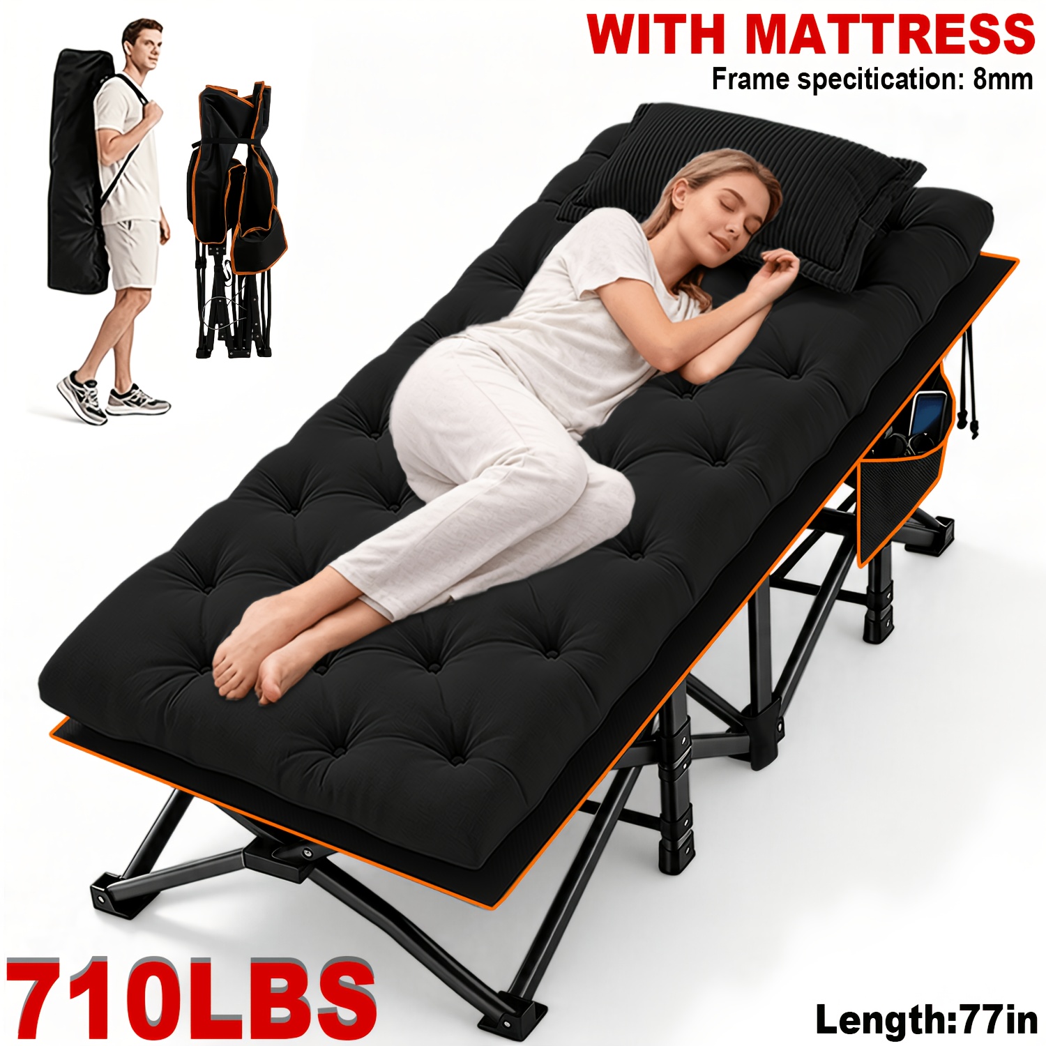 TEMU 77/73/59 Inch Outdoor Folding Bed, Extra-large And Thickened Camping Bed Flip Mattress, Portable Foldable Guest Bed, 100/510/710 Pound