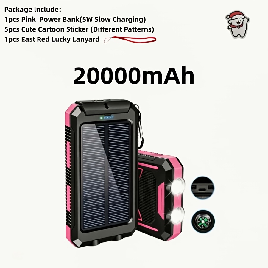 TEMU 20000mah 5v2a Fast Charging Multifunctional Solar Panel Power Bank With Led Light, Large Capacity Rechargeable Portable Mobile Phone Charger,