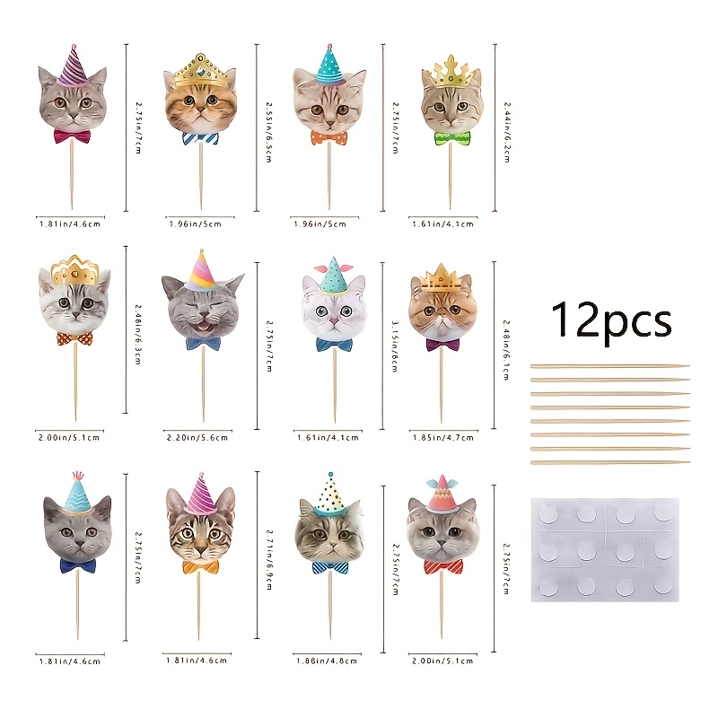 12pcs/24pcs Cat Birthday Cake Toppers, Cute Kitten Cupcake Toppers For Cat Themed Birthday Party Decor，halloween，christmas