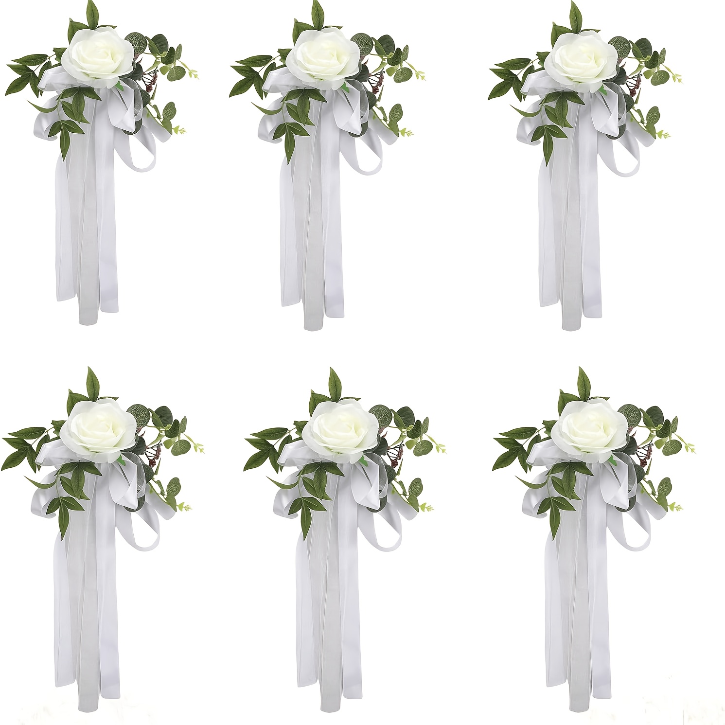Image of 6pcs Wedding Aisle Chair Decorations, Rose Floral Wedding Chair Back Flowers With Leaves And Ribbons, Church Chair Bench Pew Decor For Ceremony (white), Halloween, Christmas Decor
