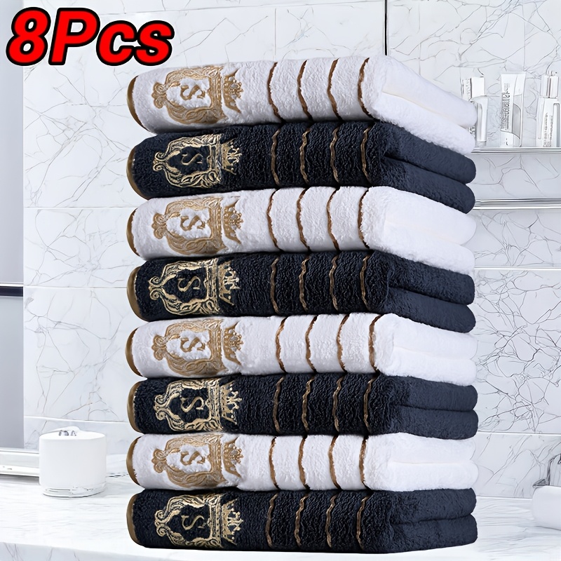 TEMU 8pcs Towel Set - Luxurious Striped Towels With Crown Decoration, Quick-dry Microfiber, In Colors, Suitable For Bathroom, Spa, Gym - Soft And