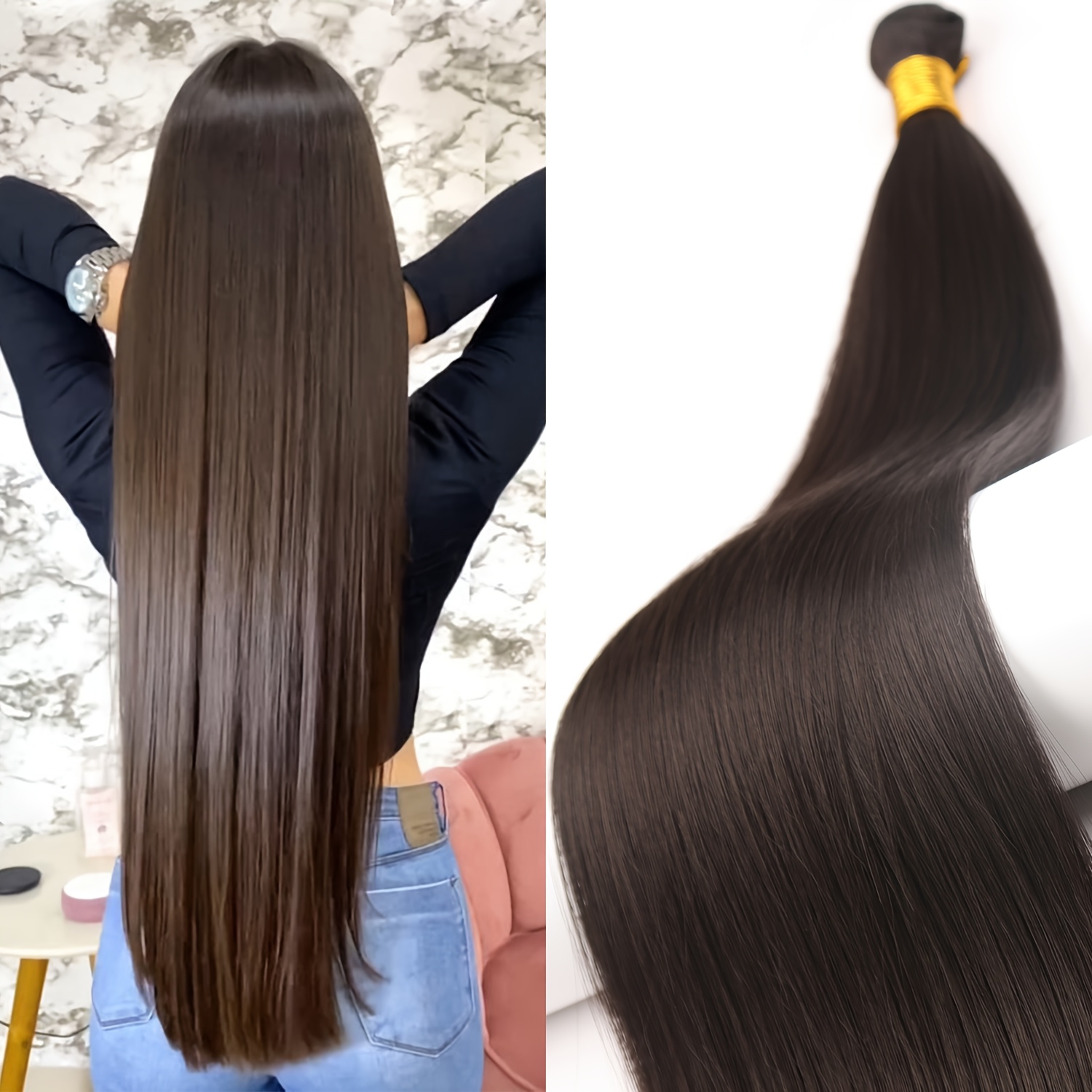 TEMU Extensiones de cabello liso largo de 30" MERISIHAIR para mujer - sintéticas resistentes al de color marrón negruzco, volumen y para extensiones