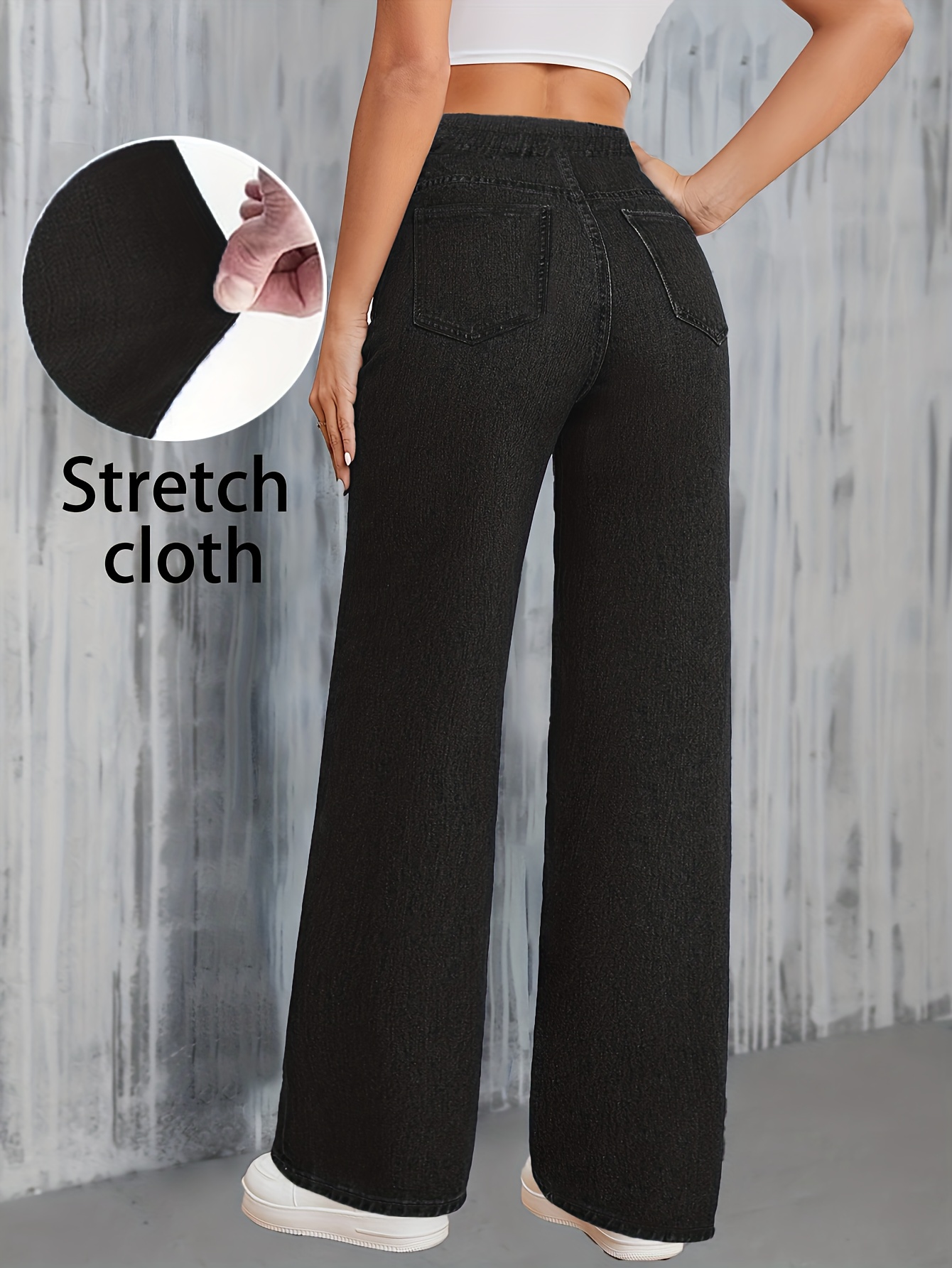 Women's High-Waisted Wide-Leg Stretch Jeans - Elegant Straight-Leg Trousers with Belt Loops & Water-Wash Denim, All-Season for Casual, Office, Travel - Classic Blue Wash (Mid-Rise) Pants, Machine Washable