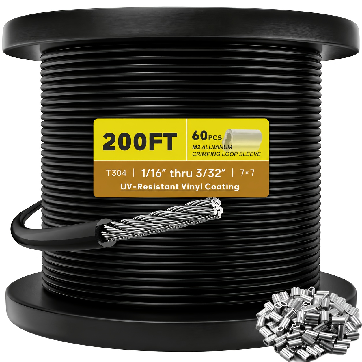 TEMU Werhoo Vinyl Coated Wire Rope, 100/200/400/500/1000ft, 1/16 Inch (id) To 3/32 Inch (od), 304 Stainless Steel Cable With Crimping Sleeves For