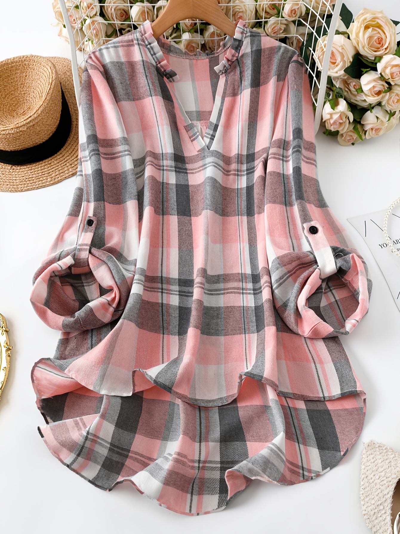 Fashionable Women's Plaid Long-Sleeve Shirt with Roll-Up Cuffs, Elegant Blouse, Women's Top, New Spring Women's Clothing