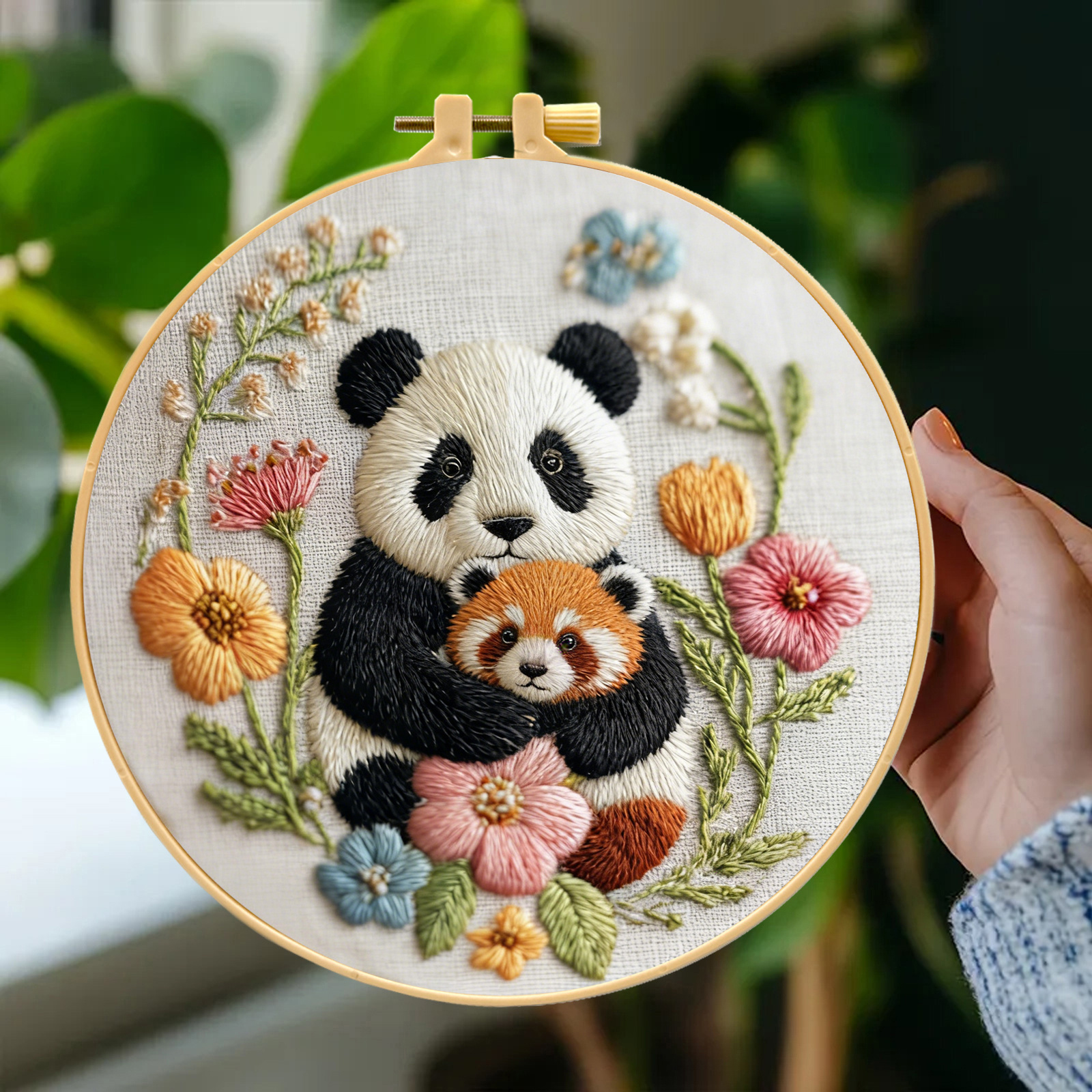 TEMU 1 Set Love Complete Diy Embroidery Kit Suitable For Beginners With Panda & Hoop Frame, Needles, Threads & Patterns - Stress-relief Handcraft For