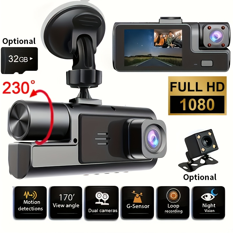 item picture Two/Triple Camera Dash Cam - Infrared Night Vision, 1080P Front And 720P Rear,170° Wide Angle & Built-In Audio - Optional 32GB Card, Loop Recording, G-Sensor - Perfect Vehicle Safety Camera 24 Hours Parking Mode for New Cars Or Holiday Gifts