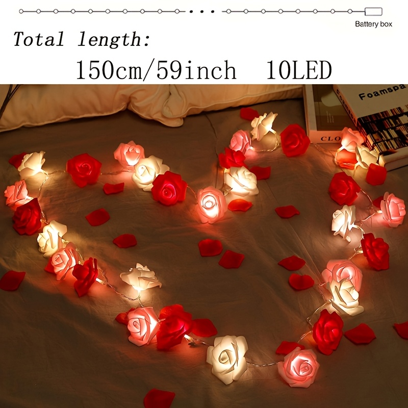 E-shop 59 Zoll 10-LED Valentinstag Rosen-Lichterkette, Rosa, Weiß Rot, Künstliche Blumenkranz-Lichter, Batteriebetriebene Fee-Lichter, für