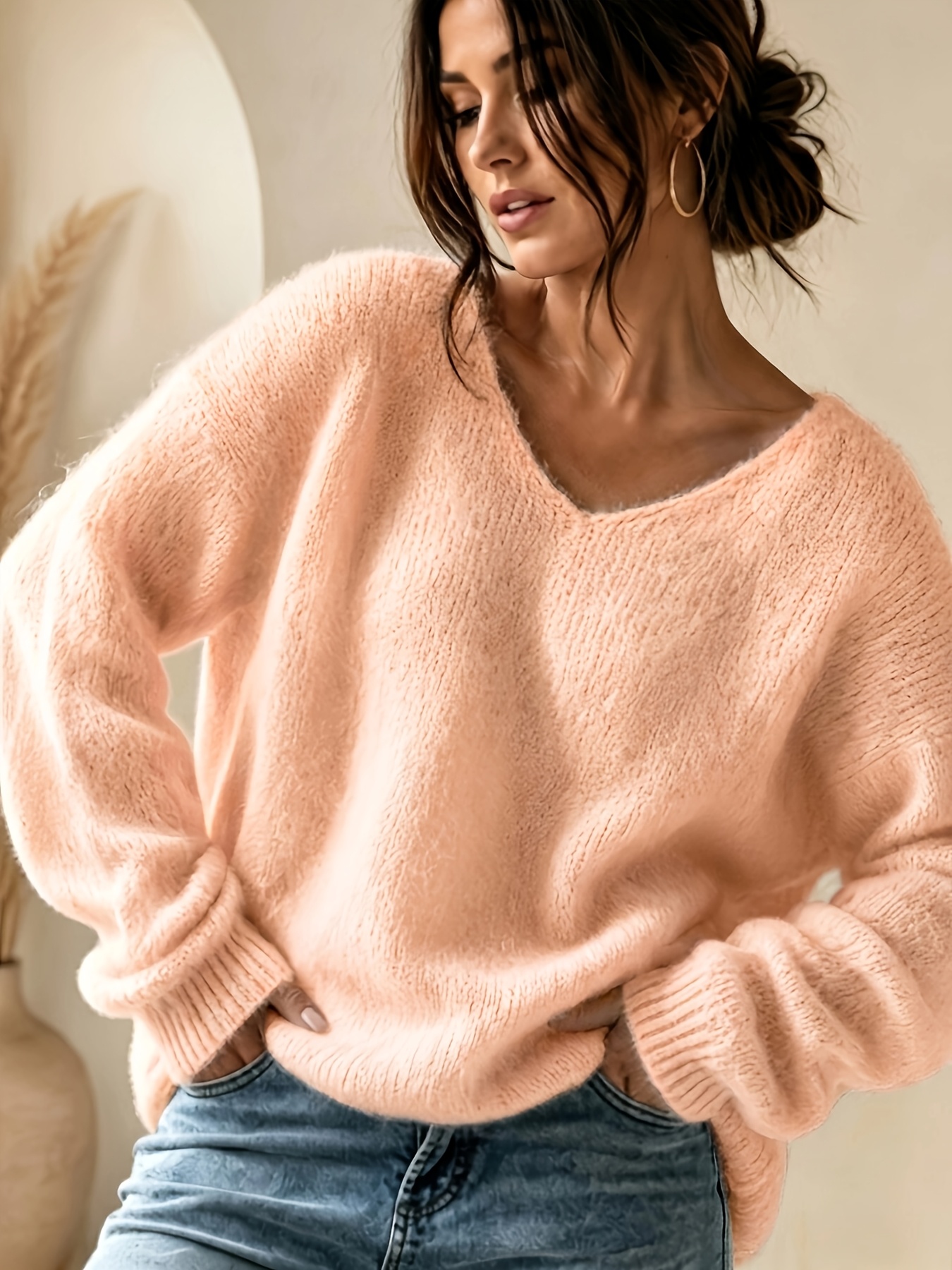 item picture womens solid color v neck thin transparent sweater long sleeved loose oversized pullover ribbed cuffs light and breathable summer layered  