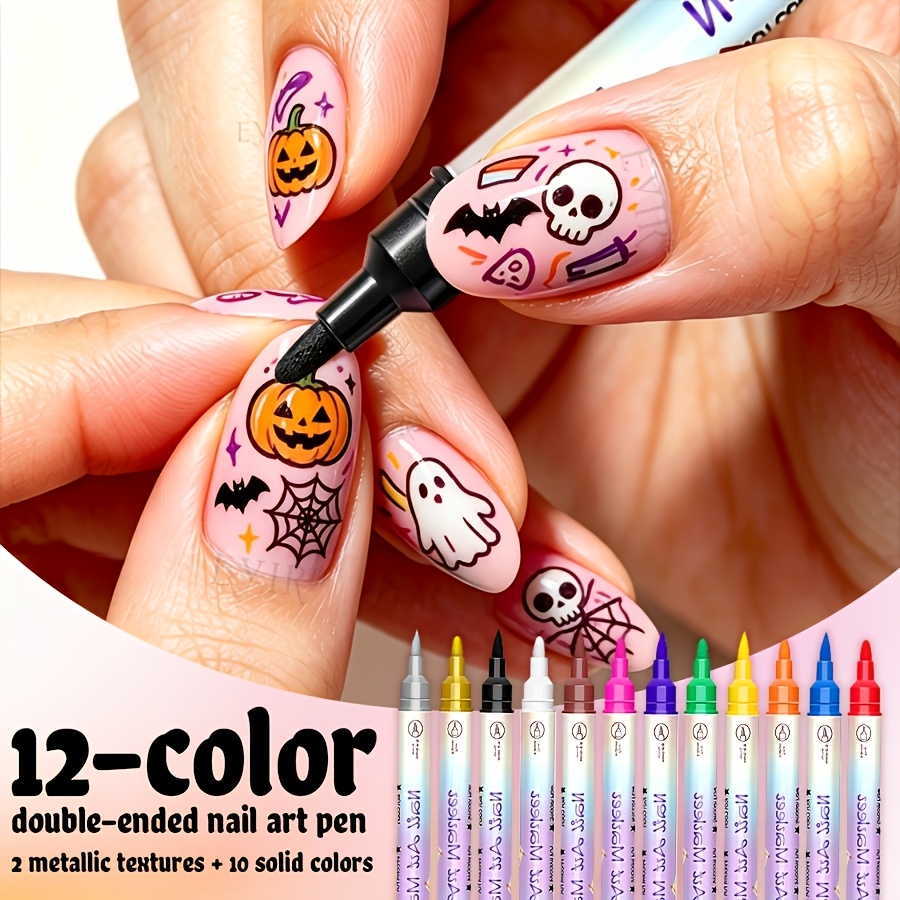 12-Color Metallic Nail Art Brush Set with Dual-Tip Design