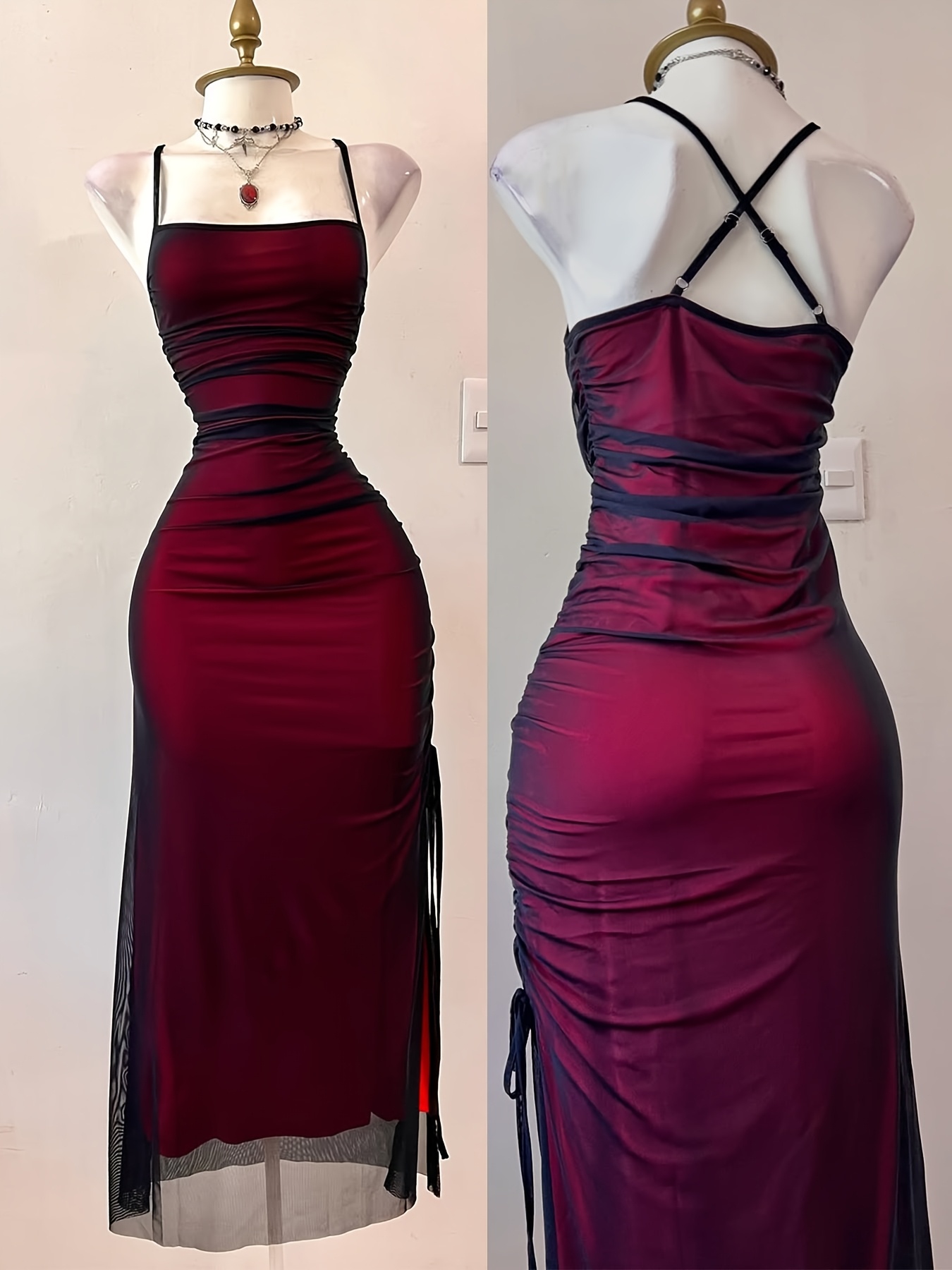 fitted lace wedding dress Zapaka Women Sparkly Black Red Bridesmaid Dress Mermaid Cold Shoulder Long Prom Dress, Black Red / US26W