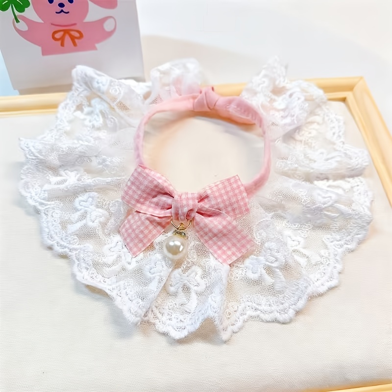 TEMU Pet Lace Scarf With Pearl Bow Tie, Adjustable Checkered Collar For Small & Medium , Cute Kitten Puppy Necklace Accessories For Birthday Party