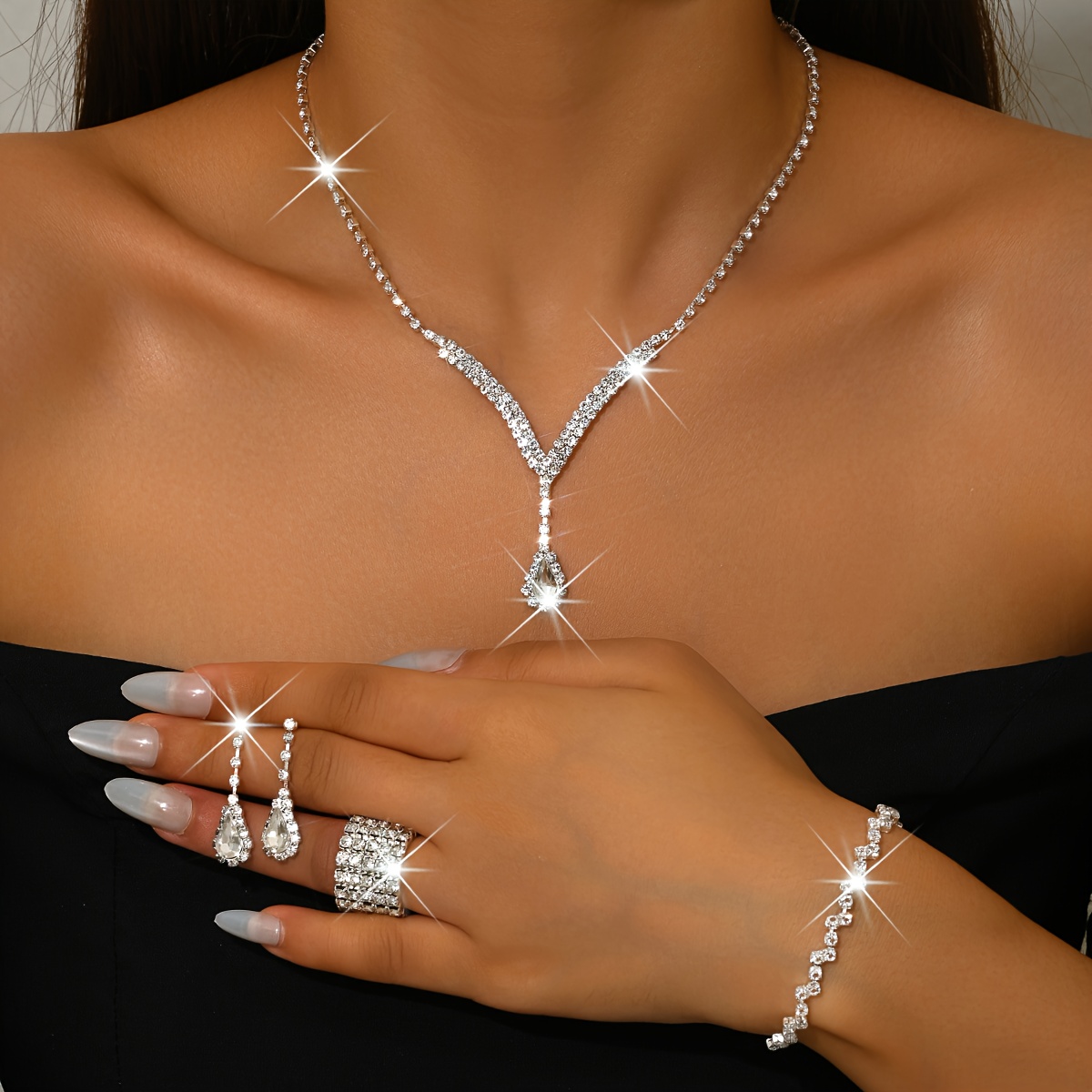 Fashionable, Elegant, And Sexy Copper-inlaid Rhinestone Four-piece Set: Necklace, Earrings, Bracelet, And Ring, Perfect For Prom And Party Accessories
