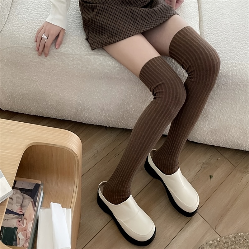 TEMU A Pair Of Spring And Summer Thin Vertical Striped Long Tube Knee High Socks That Are Versatile And Worn By Women Without Falling Off , Making