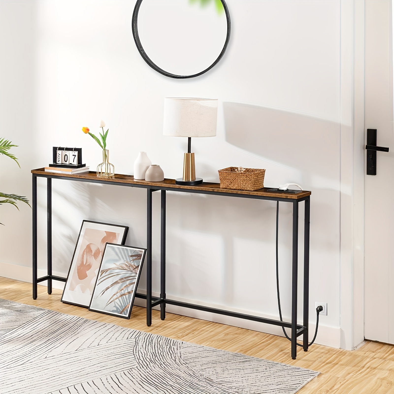 Image of Narrow Countertop Table With Socket Strips, Countertop Table With Charging Station, Narrow Sofa Chair, Storage Rack Behind The Sofa, Suitable For Entrance Hall And , Brown And Black