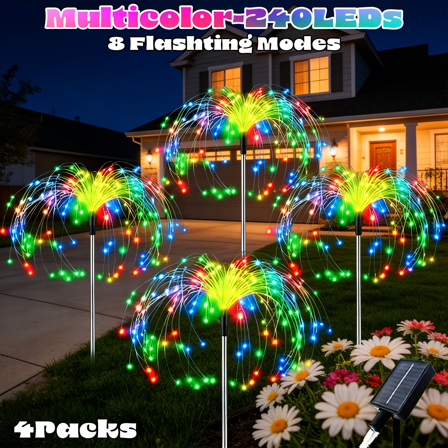 TEMU FACHOI 4 pièces 320/240 LED Solaire de Jardin Extérieur, Version Améliorée IP65 Solaire Intelligentes Feu d'Artifice avec 8 d'Éclairage, Idéal
