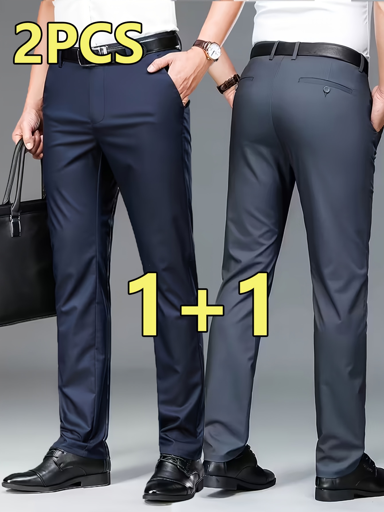 2pcs Men's Professional Business Dress Pants, Office Trousers with Stretch, Versatile Black Straight-Leg Casual Pants for Work