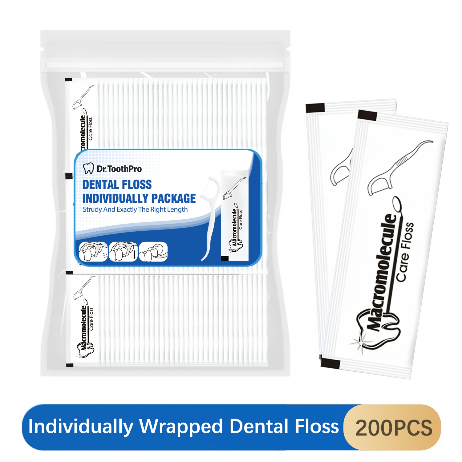 Image of 200/500-pack Individually Wrapped Teeth Floss Picks, Pe Material, Portable Flossers For Travel, Hotel, Restaurant, Office, And Car Oral Care, Flat Thread Teeth Cleaning Tools
