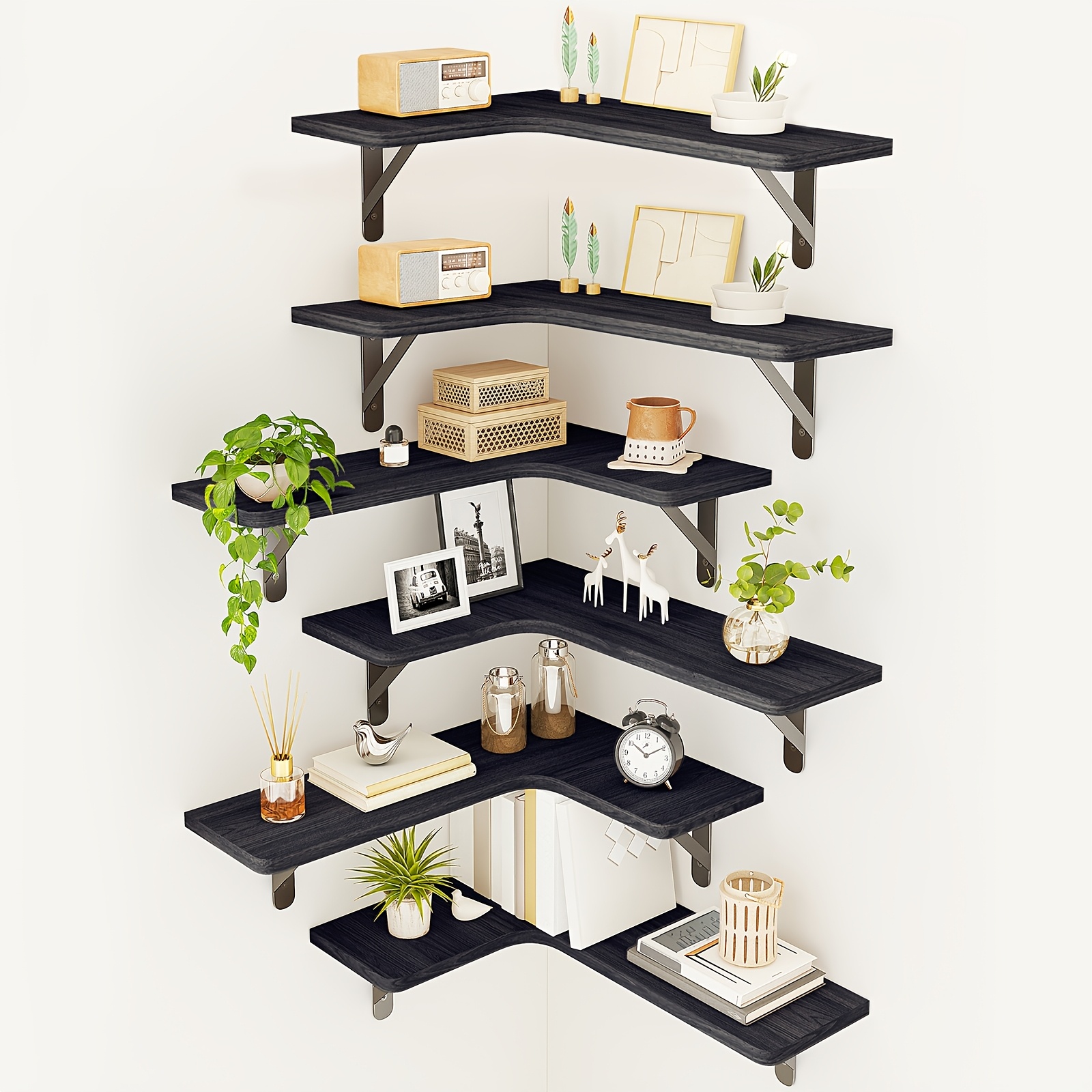 TEMU Tomnk 5/6pcs Heavy-duty Rustic Floating Shelves Suitable For For Wall-mounted Storage, Space-saving Curved/shelf Units With Corner, Options, For