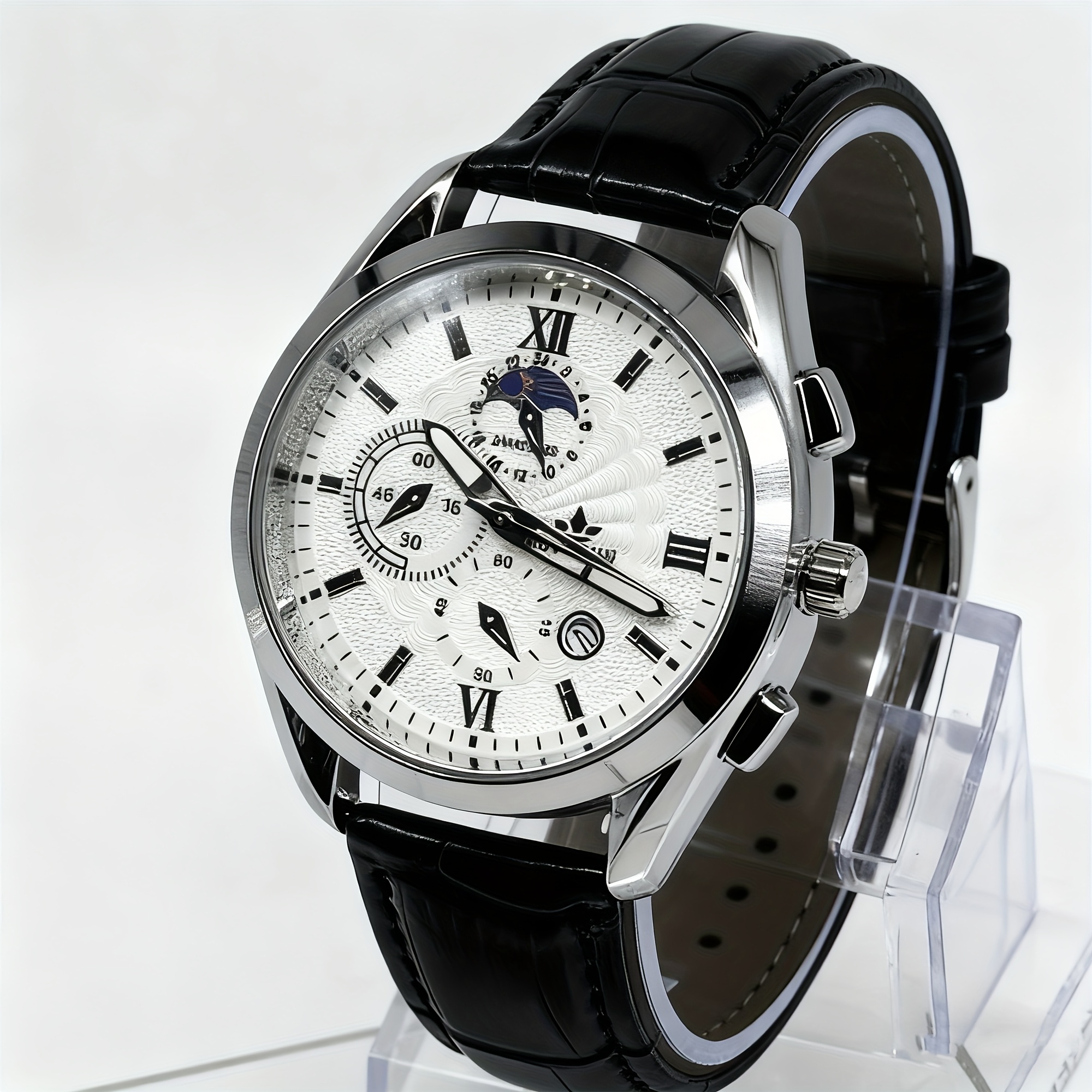 1 Fourron Brand Casual Fully Automatic Multifunctional Quartz Watch For Men And Women, Pu Leather Strap Luxury Calendar Luminous Waterproof Watch With High-definition Roman Dial, Perfect Gift