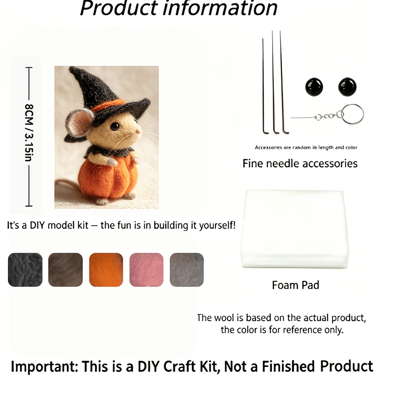 TEMU Souris Citrouille, Jaune , Kit de Feutrage à l'Aiguille Non à Soi- (Tutoriel Non ), Kit d'Outils , Noël, Halloween, Cadeau de Fêtes Créatif