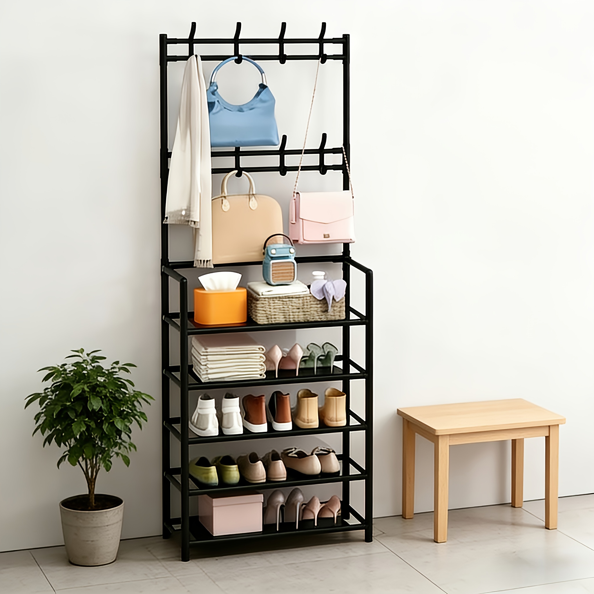 TEMU Shoe Rack Storage - Space-saving Coat Rack, 5-tier Shoe Rack With 8 Hooks, Sturdy Golden Metal/plastic Structure, Freestanding Or Wall-mounted