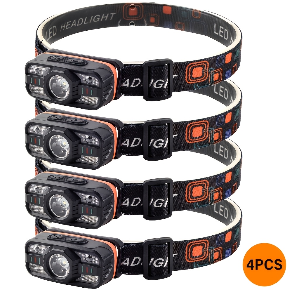 TEMU 4pcs Led Outdoor Headlamps, Usb Rechargeable, 3 Light , Portable Design, Ip44, Ideal For Camping, Fishing, Outdoor Emergencies, And Holiday