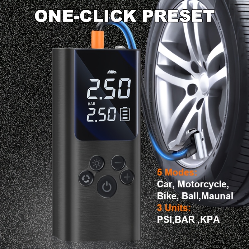 Portable Cordless Tire Inflator with Digital Gauge & LED Light, USB- Rechargeable Fast Air Compressor Suitable for Cars, Bikes, Motorcycles, Sports Equipment, USB- Air Pump for Car Tires, Tires, Emergency Inflation Device