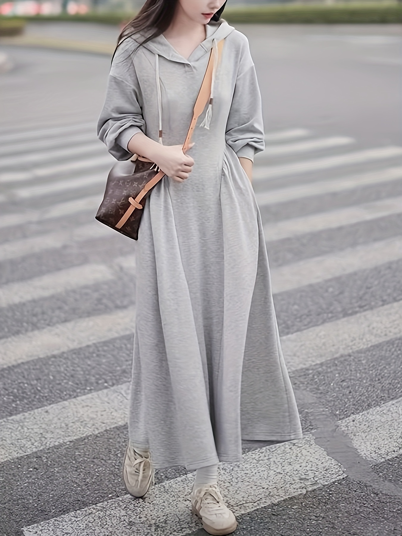 womens korean chic hooded sweatshirt dress fitted length Temu