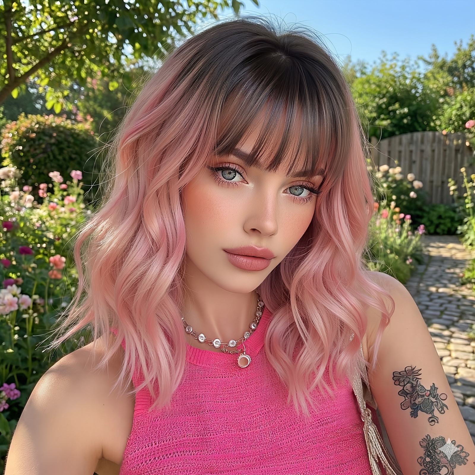 TEMU Women's Black-brown Cherry Pink Air Fringe Long Curly High-temperature Synthetic Fiber Wig, And , Suitable For Daily Activities Such , School,
