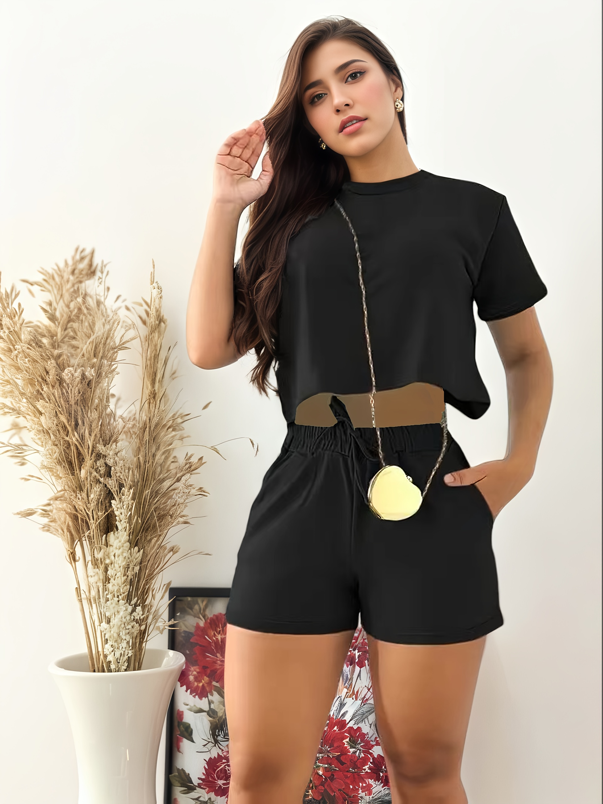 Top elegante de manga corta y color sólido para uso casual, pantalones cortos con botón, traje de mujer con bolsillos, regalo de cumpleaños - 【Negro】, M