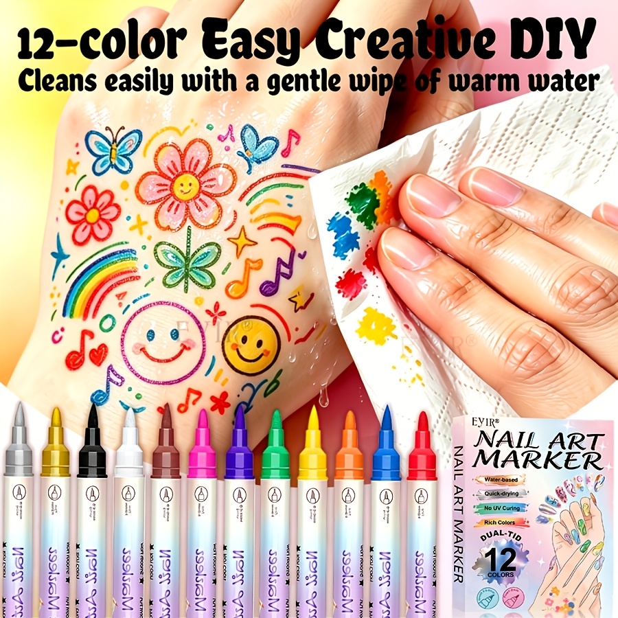 12-Color Metallic Nail Art Brush Set with Dual-Tip Design