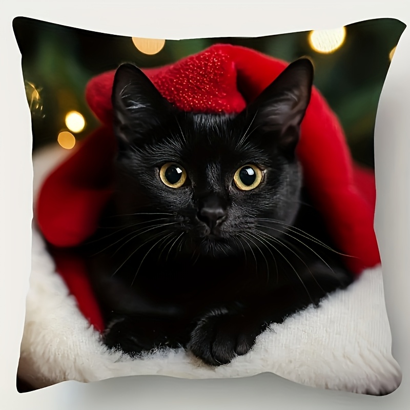 TEMU 1pc Cute Black Cat Printed Throw Pillow Cover, Modern Polyester Cushion Case, Double-sided Printed, Machine Washable, Decor Pillowcase For Cat