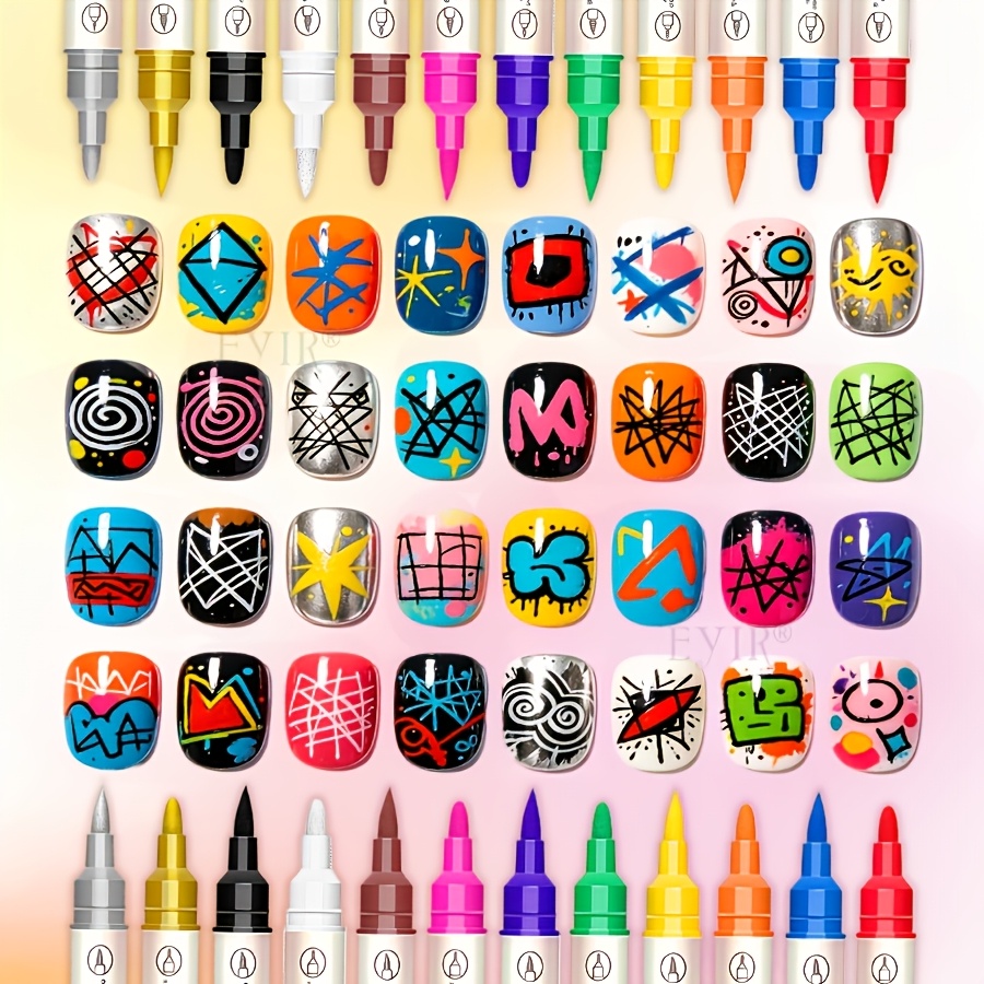 12-Color Metallic Nail Art Brush Set with Dual-Tip Design