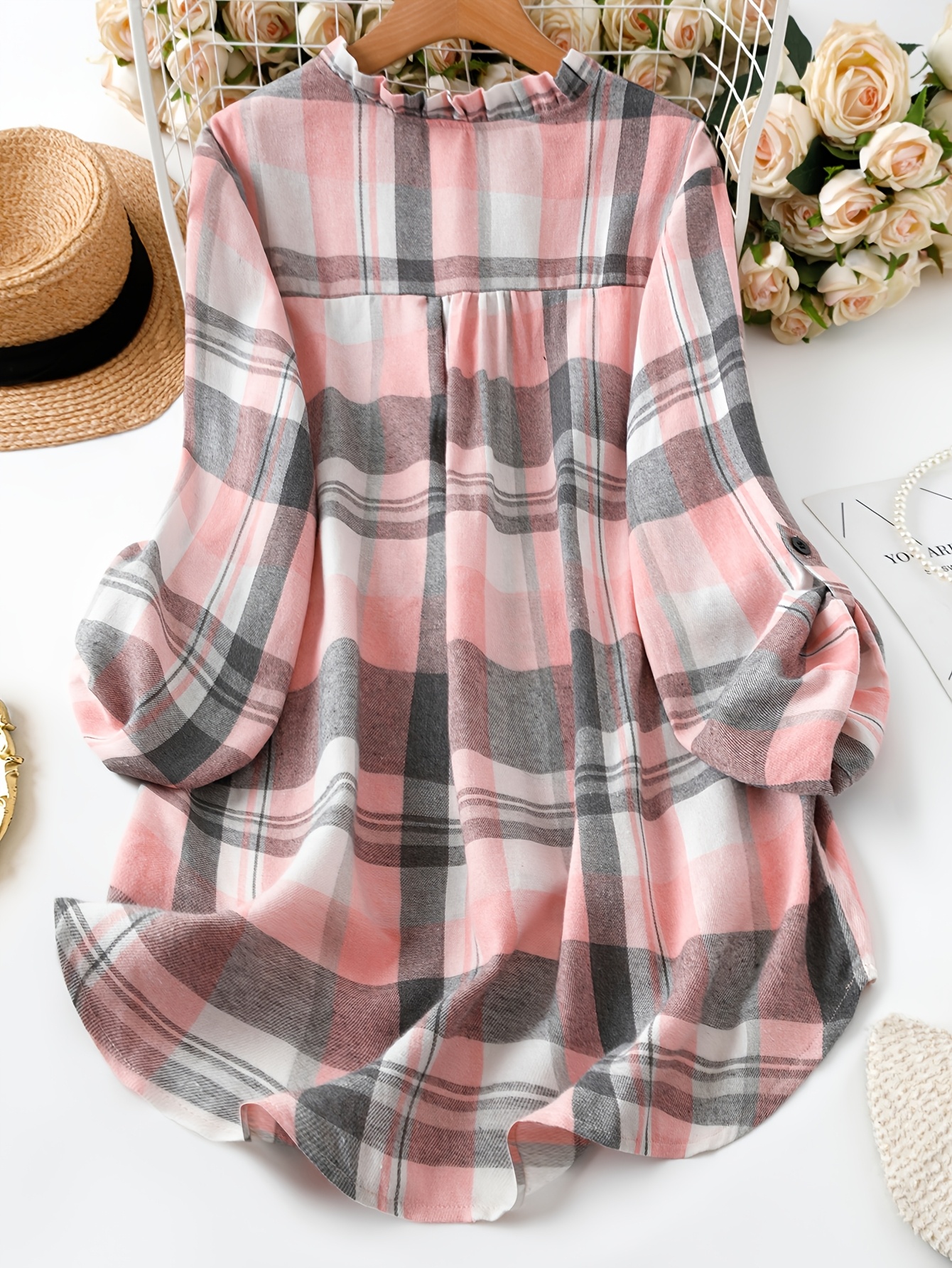 Fashionable Women's Plaid Long-Sleeve Shirt with Roll-Up Cuffs, Elegant Blouse, Women's Top, New Spring Women's Clothing